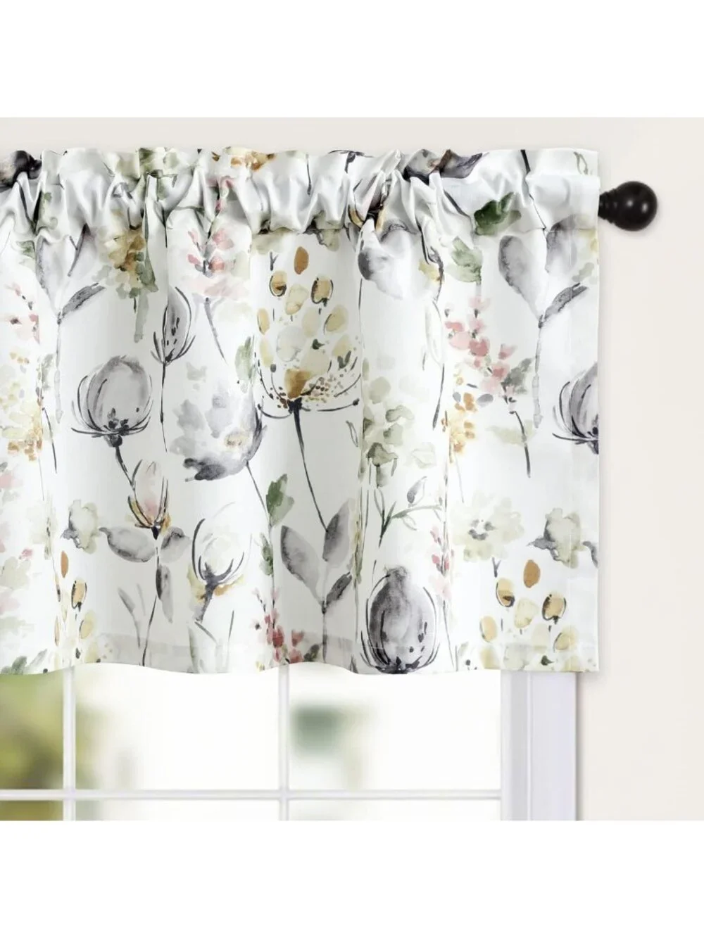 Watercolor Flower Print Kitchen Valance Curtain, 52x14 Window Treatment Panel
